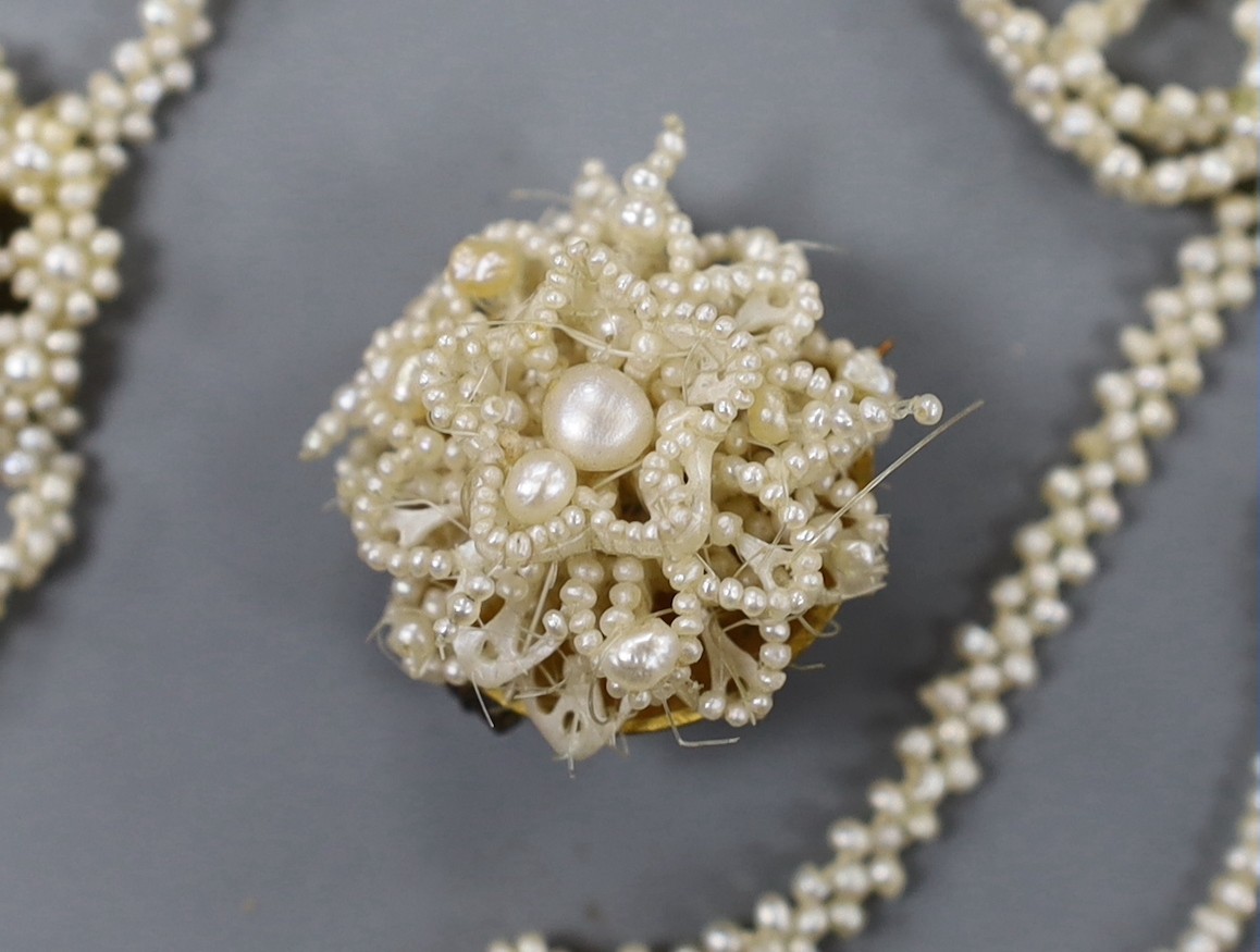 A 19th century seed pearl cluster set necklace, with yellow metal clasp, 32cm and a similar brooch.